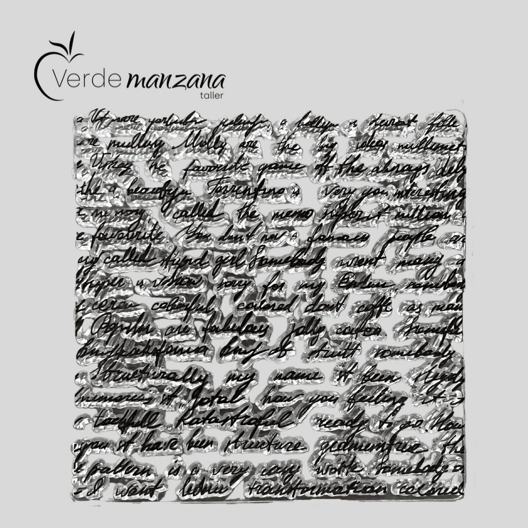 Sello para porcelana, diseño escritura, medida 10 x 10 cm.