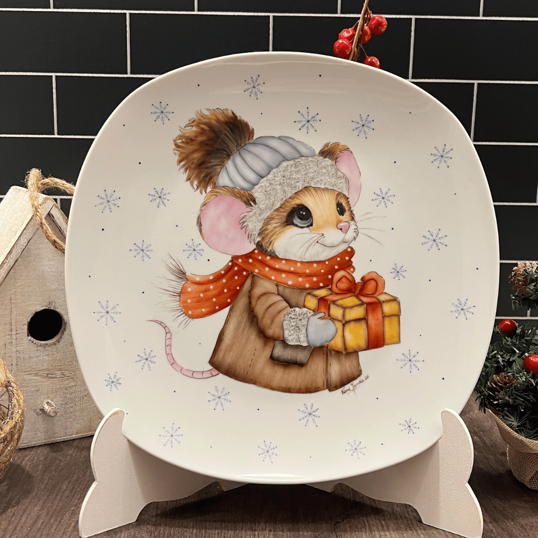 Taller de arte Verde Manzana Vajilla porcelana plato curso Plato de porcelana Ratoncito navideño 25x25cm "EDICIÓN LIMITADA"