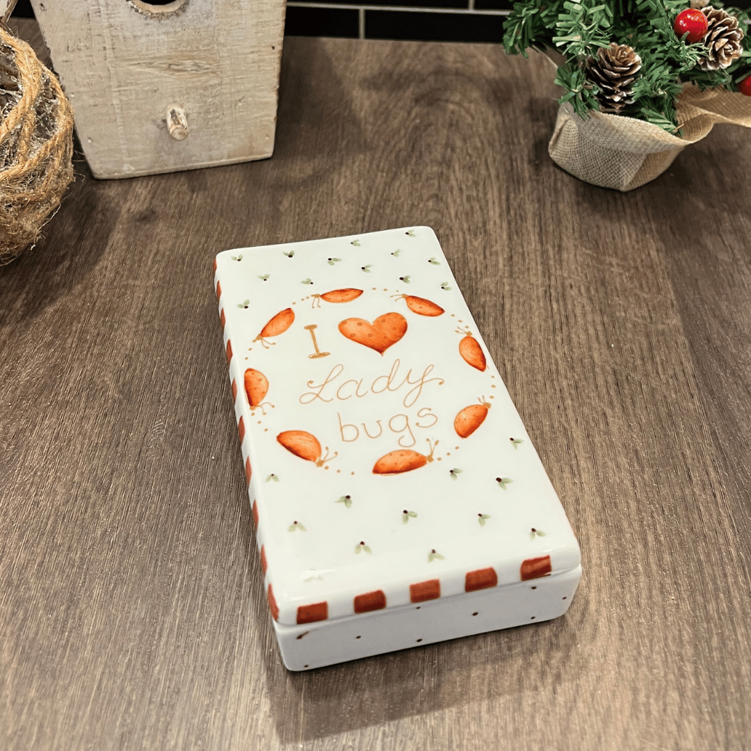 Taller de arte Verde Manzana Vajilla porcelana plato curso Caja rectangular de porcelana "Lady Bugs" 14x8x3cm
